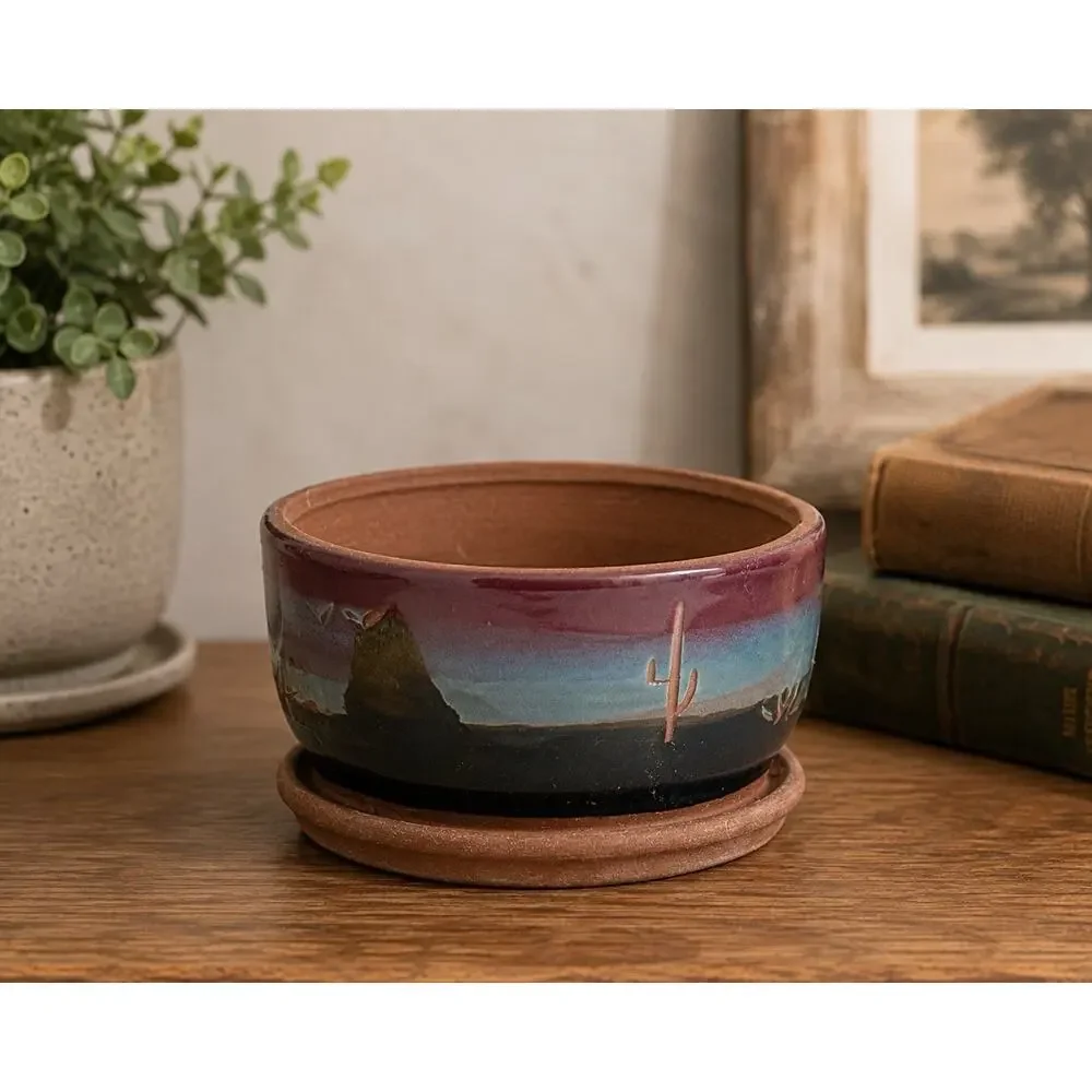 Superstition Stoneware Southwest Desert Cactus Pottery Planter Built-In Saucer